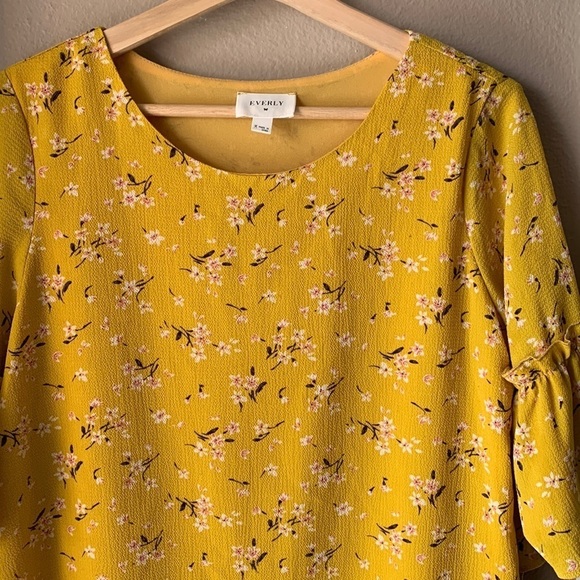EVERLY Yellow Floral Ruffle Sleeve Scoop Neck Blouse - Picture 1 of 7